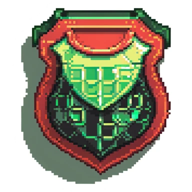 Member badge with a shield shape and green to red gradient background with pixel art details sticker