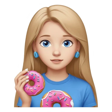 una ragazza dall‘ età di 19 anni con capelli biondo scuro lunghi e lisci ,  occhi celesti,  con addosso una maglietta con una ciambella e le cuffie airpods (bianche) ascoltando violetta sticker