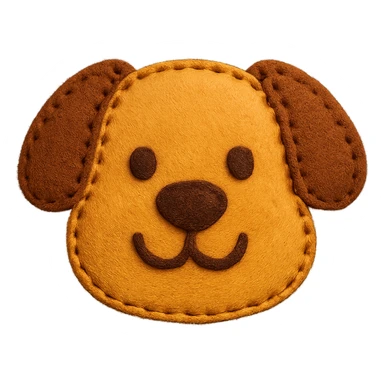 <StylePrompt>
  <Name>Felt Appliqué Plush Style</Name>
  <Description>A soft, handcrafted look inspired by plush felt fabric with visible stitching and a padded 3D texture, rendered on a solid black background.</Description>
  <VisualProperties>
    <Material>Felt</Material>
    <Texture>Soft, fuzzy, with slight fiber detail</Texture>
    <Stitching>
      <Type>Thick thread</Type>
      <Color>Orange or slightly darker tone than fabric</Color>
      <Pattern>Uniform running stitch along outer edge</Pattern>
    </Stitching>
    <Padding>High, plush-like 3D depth</Padding>
    <Edges>Rounded corners</Edges>
    <ColorPalette>
      <Primary>Warm yellow/orange tones</Primary>
      <Accent>Brown or dark orange for facial features and outline</Accent>
      <Background>Black</Background>
    </ColorPalette>
  </VisualProperties>
  <Rendering>
    <Lighting>Soft, even studio lighting</Lighting>
    <Shadows>Subtle drop shadows for depth</Shadows>
    <Perspective>Flat front-facing, symmetrical if applicable</Perspective>
  </Rendering>
  <Applicability>
    <SubjectType>Any object, animal, or letterform</SubjectType>
    <OutputFormat>Icon, emoji, patch-style graphic</OutputFormat>
  </Applicability>
</StylePrompt>

{subject} = dog sticker