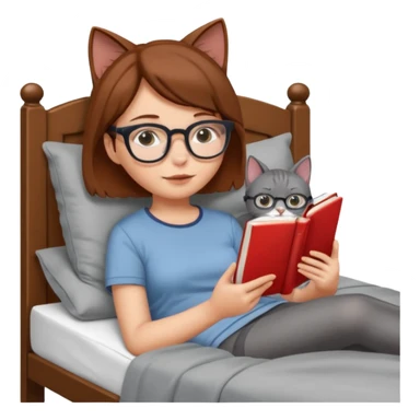 A girl is lying in bed. She has short chestnut hair styled neatly, is wearing glasses, and is reading a book. A grey cat is lying on her legs. sticker
