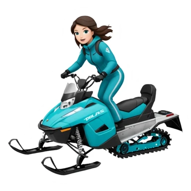 Can you create an emoji of a brunette girl on a teal polaris khaos 850 155 snowmobile doing a wheelie with snow flying sticker