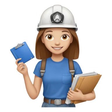 Waist-up girl on a white background wearing a brown Skims t-shirt. Hair is long, straight, chestnut-colored, reaching the waist. Brown eyes, long eyelashes, smiling with visible braces. White helmet with “BUT” written in brown. Holding rolled-up blueprints. sticker