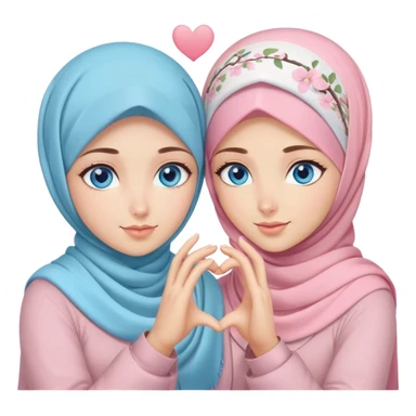 Turkish beautiful finish Konya two girls blue eyes with pastel blossom hijab and making love heart with hand gesture sticker