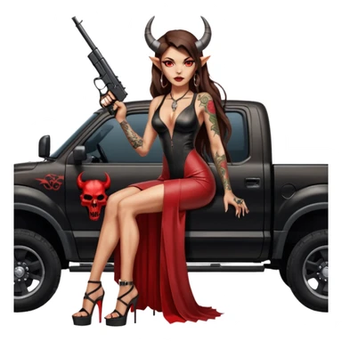 Lilith model red eye sexy black  devil horns.  long brown haired sexy succubus woman with leather long dress slit, sitting in Big Large F350 pickup truck. Black Platform high heels on feet. Tattoo sleeve arms, dead human skull of her ex skull is on top of stack of cash and a gun in  hand sticker