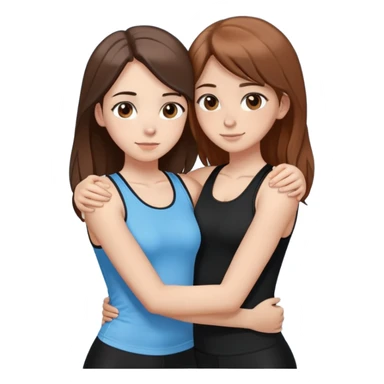 Two slim girls hugging each other and looking forward. The first girl has dark blonde hair and brown eyes, wearing a tight black tank top and black leggings. The second girl has chestnut brown hair and dark brown eyes, wearing the same style of outfit in light blue. sticker