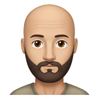 Head emoji of a bald Caucasian man with tan skin, dark almost black eyes, and a dark brown medium length beard with some grey in it. Please show one result with glasses and the other without. sticker