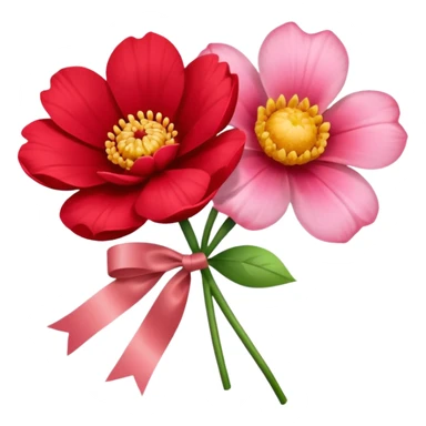 One red flower and one pink flower in transparent bouquet with red band  sticker