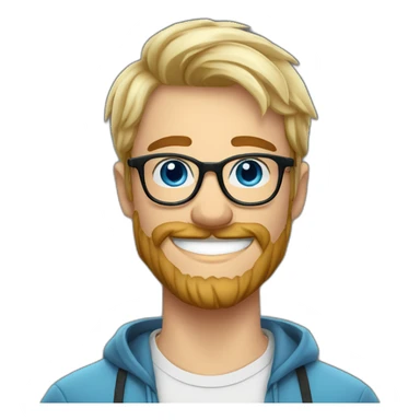 Handsome young man 25 years old sexy blue eyes short blond hair nice round glasses cool beard Light moustache funny big smile dimple on the side sticker