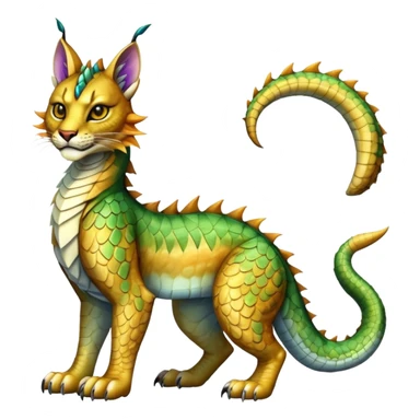Shiny exotic iridescent Dragon-Tiger-type Lynx-Caracal-Crocodile-Bobcat-Fakémon-creature with a long muzzle, full body sticker