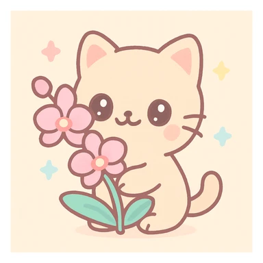 cat holding a spring orchid, kawaii style sticker