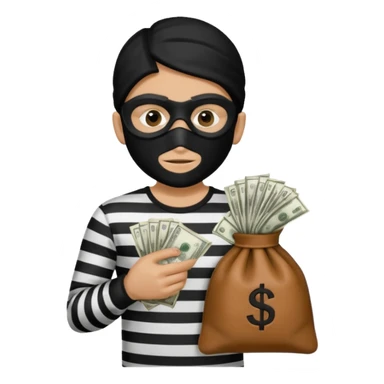 Crea un ladrón con un sombrero de delincuente y un saco de dinero, el ladrón tiene una camisa de rayas negras y blancas y el rostro un antifaz color negro. sticker
