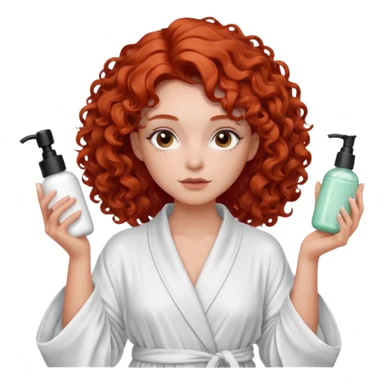 Cartoon emoji of a girl with voluminous curly red hair, fair skin, warm brown eyes. Wearing a chic milky silk robe with long sleeves, no makeup. Portrait mode, holding 3 moisterizers or different skin care products, looking super doubtful twisted and unsure. Smooth, simple, stylized." sticker