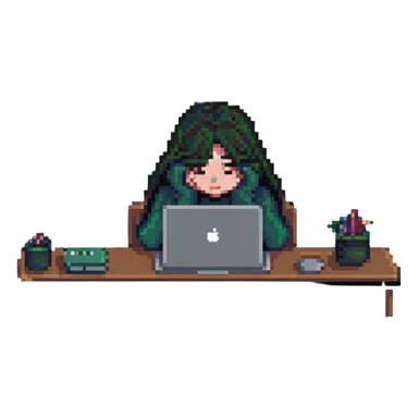 girl hiding her face while working behind a MacBook, pixel art style sticker