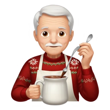 A gentle old man in a festive sweater and a white apron, stirring a pot of rich hot chocolate. sticker