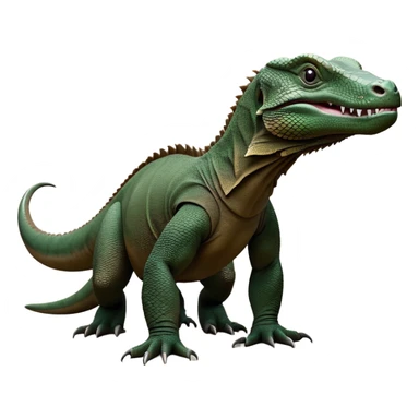 cinematic-komodo-dragon-realistic-full-body-standing on all fours-emoji,-massive-scaled-body-poised-with-quiet-power,-rough-textured-skin-dark-green-and-dark brown, black,-head-tilted-dramatically,-long-forked-tongue-flicking-out,-simplified-yet-realistic-focused-features,-highly-detailed,-glowing-with-an-almost-sarcastic-glow

 sticker