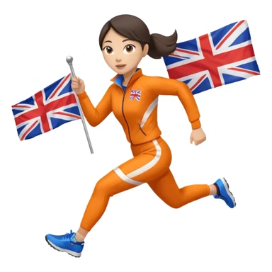 asian woman in orange sport suit and holding uk flag in one hand, running sticker