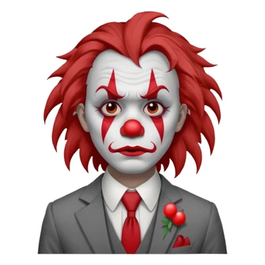 No wig, but long messy brown hair.

White face paint with red clown makeup and a red nose.

Wearing a gray suit with a tie.

Expression is sad and serious, resembling a clown with a more human-like look. sticker