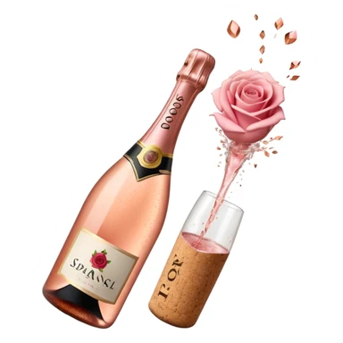 bottle of sparkling rosé champagne with a rose logo on the label, with a cork exploding out from the top, tilted up and to the left, no glass sticker