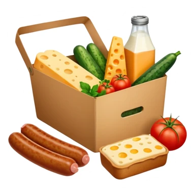 a box of groceries, sausage, cheese, canned meat, herbs, milk, tomatoes, cucumbers, and a loaf of bread sticker