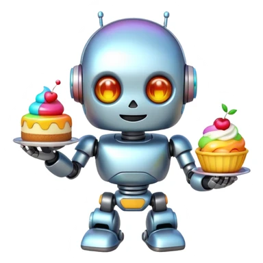 The cute robot is holding dessert in its hands, 3d emoji sticker