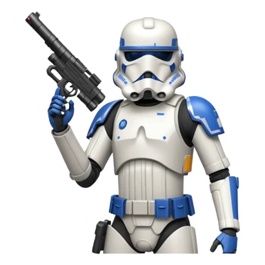 A starwars 501st clonetrooper with rally makes on the helmet holding his blaster in his left hand aiming the gun up with elbow bent so it’s not above the head sticker