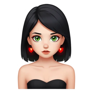 Girl with grey green eyes. Black hair with red perk-a-boo underlights and frontlights. Medium long hair. Black strapless crop top. Skinny face with birthmark under left cheek. sticker
