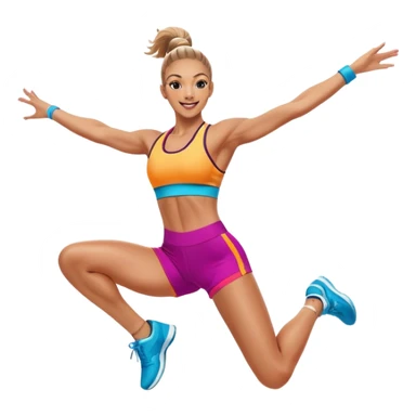 Professional aerobics performer mid-jump with arms extended, showcasing energy, flexibility, and coordination. The background features a vibrant gym setting with fitness equipment and bright colors, capturing the dynamic motion of aerobics. sticker