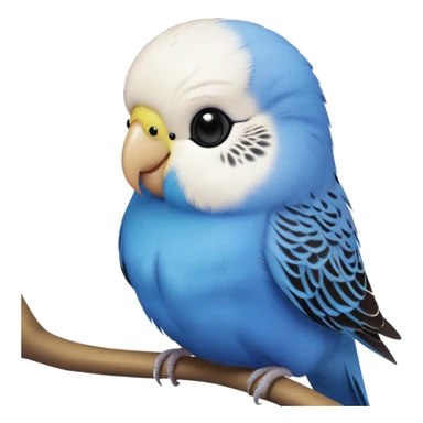 cinematic-cute-blue-budgie-portrait-emoji,-head-tilted-playfully-and-inquisitively,-featuring-a-brilliant-blue-feathered-fur-and white and black feathered face-with-a-natural-sheen,-round,-sparkling-dark-eyes-filled-with-curiosity,-simplified-yet-irresistibly-adorable sticker