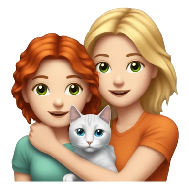 Realistic white girl dark red hair and blue green eyes hugs one orange and one gray cat  sticker