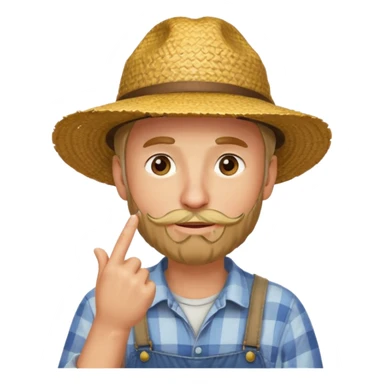 “A single emoji-style character combining 👨‍🌾😄 and 🤔: a smiling farmer man with a straw hat, friendly face, and light beard, holding one hand under his chin in a thinking gesture. His index finger rests under his face, eyes looking slightly upward as if thinking.  sticker