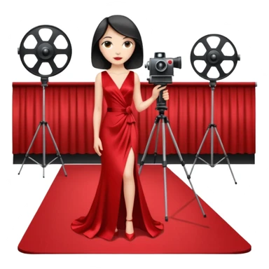 an actress standing on a red carpet with a formal dress, with only one movie camera on a tripod next to her. sticker