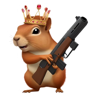 Squirrel with a tiara riding a capybara while shooting hearts out of a gun sticker