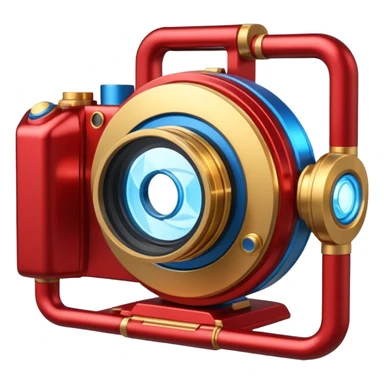 🎬🤖 Create a video project icon inspired by Iron Man: a sleek film camera with metallic red and gold accents, glowing with blue arc reactor energy. sticker