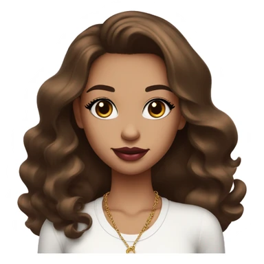 Girl with brown cateyes and a fair skin tone long eyelashes with long dark brown hair in a side parting in a wavy/blowout effect style wearing white scoop neck top and wearing a gold necklace and has plump pink glossy lips sticker