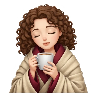 White girl with curly brunette hair wrapped in a cozy blanket sipping coffee with eyes closed peacefully sticker