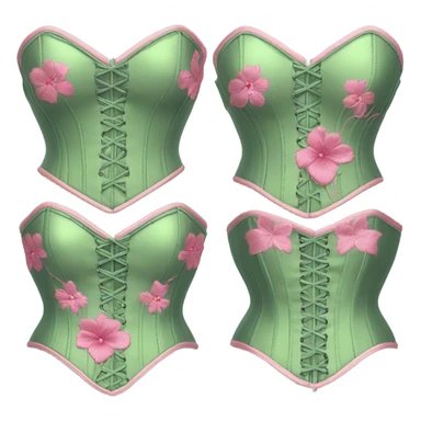 Sage green corset with pink flower embroidery, isolated sticker