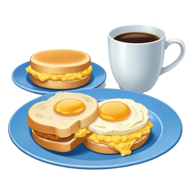 a blue plate with breakfast sandwiches and scrambled eggs and a cup of white coffee sticker