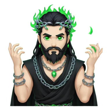 hades greek god with green flames and beard with chains on his arms and neck, Long hair. Dynamic pose sticker