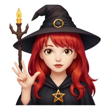 a witchy girl with long red hair and bangs holding a lucky sign sticker