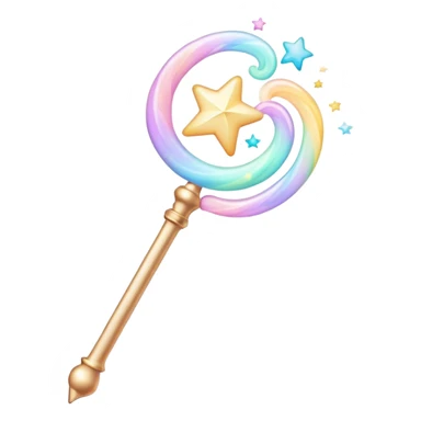 Cinematic cute magical wand, pastel swirls of color, tiny twinkling stars floating around, glowing softly, chubby rounded edges, whimsical and dreamy. sticker