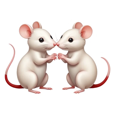 Two cute rats interact with each other in different ways. One rat is white, the other rat is red sticker