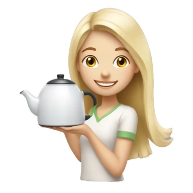 Happy blonde girl with a white kettle making tea sticker