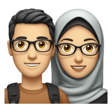 young white man with black hair and glasses and woman with hijab, both with backpack for holiday trip sticker