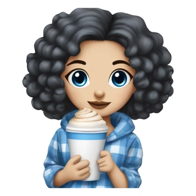 very beautiful girl with blue eyes dark hair in blue checked pajama with maltipoo and cappucino  sticker