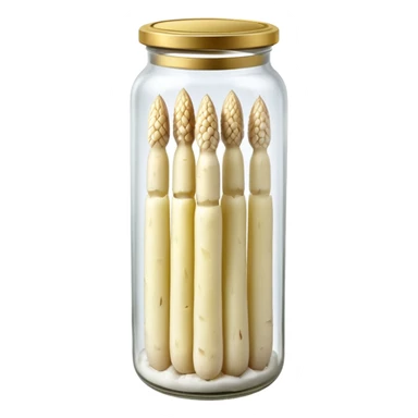 tall clear glass jar filled with upright pale white or green asparagus spears submerged in brine, sealed metallic lid gold or green, slim smooth spears neatly arranged tips upward, no label plate or extras, soft lighting, subtle shadows, transparent background, emoji scale sticker