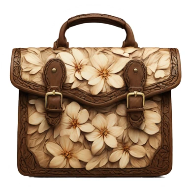 Realistic isolated rustic wooden tooled flower pattern designer satchel purse. sticker