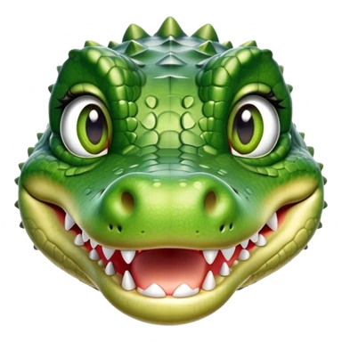 Cinematic Realistic Cute Crocodile Portrait Emoji, Head tilted playfully and inquisitively, featuring a robust, well-defined build with intricately detailed, glossy olive-green scales and a surprisingly endearing face with round, sparkling eyes full of unexpected charm, rendered with lifelike texture and natural highlights, high shine, affectionate and spirited, styled with a touch of wild whimsy, soft glowing outline, capturing the essence of a mischievous yet lovable crocodile that seems poised to snap playfully out of the screen into your arms! sticker