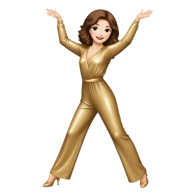 woman with white skin and brown hair disco dancing in classic disco pose, wearing a glittery jumpsuit, smiling sticker