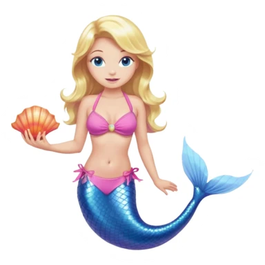 mermaid woman with blonde hair and blue eyes, a pink bikini top and an ALL pink tail holding a shell sticker
