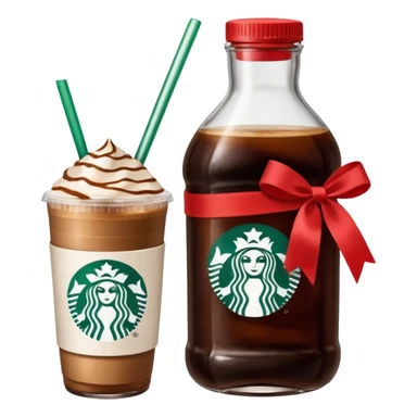 Starbucks iced espresso with milk and the cup has red ribbons printed on it. There is a bottle of cinnamon dolce syrup next to it  sticker